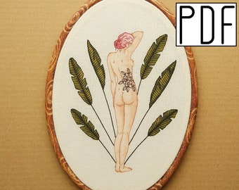 Digital PDF - Peony Tattoo Girl Hand Embroidery Pattern (Digital Download), floral embroidery design, printable pattern