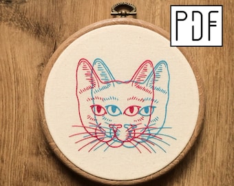 Digital PDF - 3D Cat Portrait Hand Embroidery Pattern (Digital Download), printable pattern, spooky embroidery