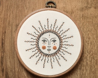 Ornament Sun Hand Embroidery Hoop Art: Modern Wall Decor, celestial embroidery design