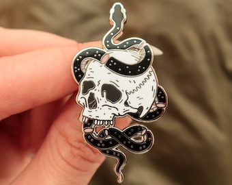 SILVER Snake and Skull Hard Enamel Pin (raised silver metal pin)