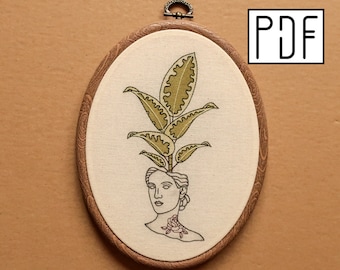 Digital PDF - Tattooed Statue Planter Hand Embroidery Pattern (Digital Download), minimalist botanical embroidery design, printable pattern