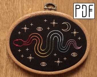 Digital PDF pattern - Galaxy Snake Hand Embroidery Pattern (PDF modern hand embroidery pattern - rainbow snake)