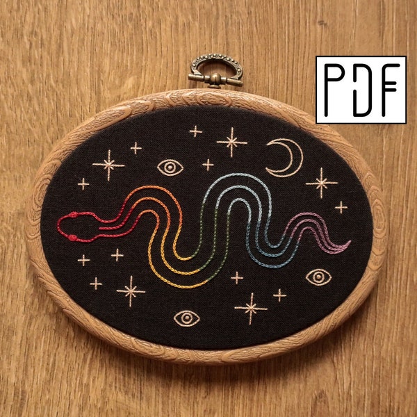 Digital PDF pattern - Galaxy Snake Hand Embroidery Pattern (PDF modern hand embroidery pattern - rainbow snake)