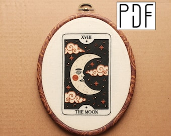 Digital PDF pattern - The Moon Tarot Card Hand Embroidery Pattern (PDF modern hand embroidery pattern)