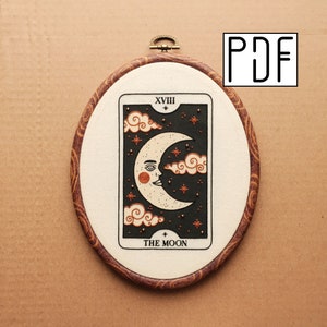 Digital PDF pattern - The Moon Tarot Card Hand Embroidery Pattern (PDF modern hand embroidery pattern)
