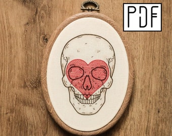 Digital PDF pattern - Heart Skull Hand Embroidery Pattern (PDF modern hand embroidery pattern)