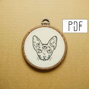 Digital PDF pattern - PDF pattern -  Three Eyed Sphynx Cat Hand Embroidery Pattern (PDF pattern -  modern embroidery pattern - tattoo patch)