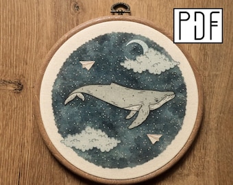 Digital PDF pattern - Celestial Whale and paper planes Hand Embroidery Pattern (PDF modern hand embroidery pattern)