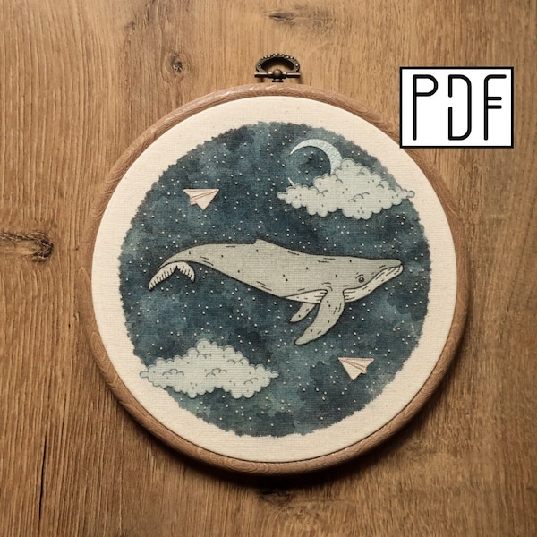 Digital PDF pattern - Celestial Whale and paper planes Hand Embroidery Pattern (PDF modern hand embroidery pattern)