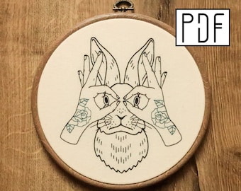 Digital PDF pattern - PDF pattern -  Rabbit and Tattooed Hand Glasses Hand Embroidery Pattern (PDF pattern -  modern embroidery pattern)