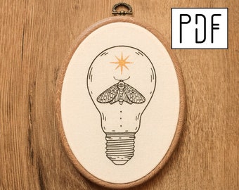Digital PDF pattern - Moth in a Lightbulb Hand Embroidery Pattern (PDF modern hand embroidery pattern)