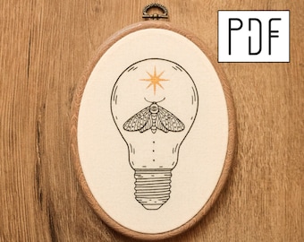 Digital PDF - Moth in a Lightbulb Hand Embroidery Pattern (Digital Download), celestial embroidery design, printable pattern