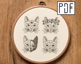 Digital PDF - Cats Hand Embroidery Pattern (Digital Download), cute and spooky cat portrait embroidery design, printable pattern