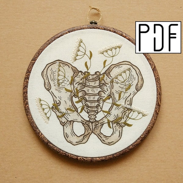 Digital PDF pattern - Floral Pelvis Hand Embroidery Pattern (PDF modern hand embroidery pattern - hip bone)