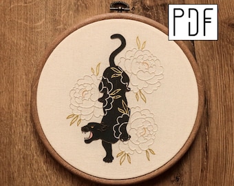 Digital PDF pattern - Flower Panther Hand Embroidery Pattern (PDF modern hand embroidery pattern)