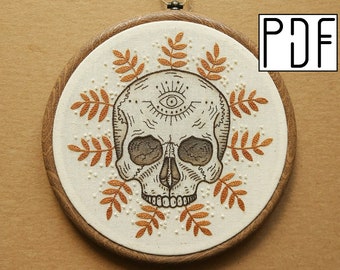 Digital PDF pattern - Tropical Skull with Eye detail Hand Embroidery Pattern (PDF modern hand embroidery pattern)