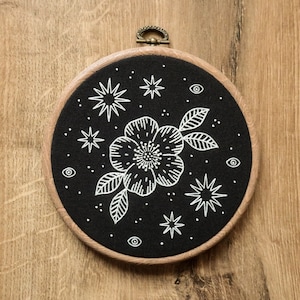 Glow in the Dark - Star Flower with eye details Hand Embroidery Hoop Art (modern hand embroidery wall hanging)
