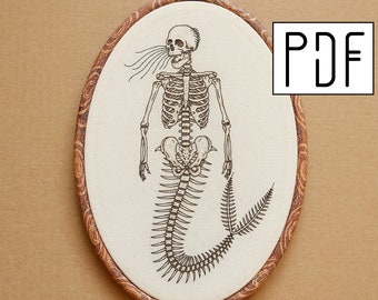 Digital PDF pattern - Mermaid Skeleton Hand Embroidery Pattern (PDF modern hand embroidery pattern - siren embroidery)