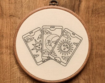 Tarot Cards Hand Embroidery Hoop Art (modern hand embroidery wall hanging - the star, the moon, the sun tarot cards))