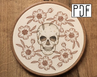 Digital PDF - Flower Skull Hand Embroidery Pattern (Digital Download), floral embroidery design, printable pattern PDF
