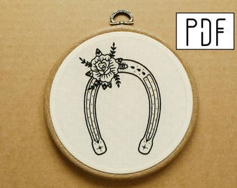 Digital PDF pattern -  Horseshoe with Rose Hand Embroidery Pattern (PDF pattern -  modern embroidery pattern)