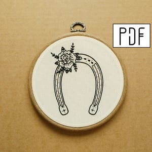 Digital PDF pattern -  Horseshoe with Rose Hand Embroidery Pattern (PDF pattern -  modern embroidery pattern)