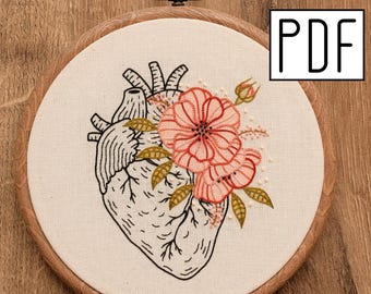 Digital PDF - Flower Human Heart Hand Embroidery Pattern (Digital Download), floral embroidery design, printable pattern PDF