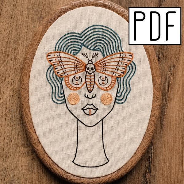 Digital PDF - Skull Butterfly Girl Portrait Hand Embroidery Pattern (Digital Download), moth girl, step-by-step instructions, printable PDF