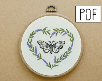 Digital PDF pattern - Moth - Butterfly and a Lavender Heart Hand Embroidery Pattern (PDF modern embroidery pattern)