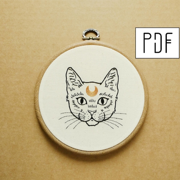 Digital PDF pattern - Crescent Moon Cat Hand Embroidery Pattern (PDF modern embroidery pattern)