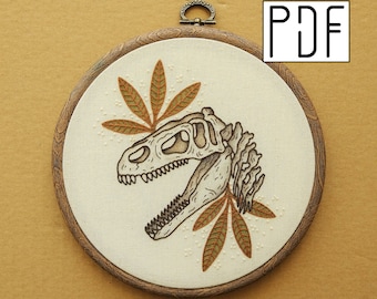 Digital PDF pattern - Tropical Tyrannosaurus Rex Skull Hand Embroidery Pattern (PDF modern hand embroidery pattern - t-rex)