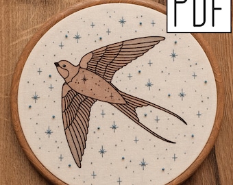 Digital PDF pattern - Star Bird Hand Embroidery Pattern (PDF modern hand embroidery pattern), celestial embroidery design, printable pattern