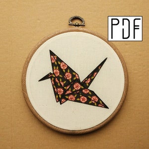 Digital PDF pattern - Origami Paper Crane with Flower Print Hand Embroidery Pattern (PDF modern hand embroidery pattern)