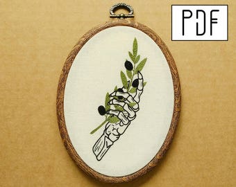 Digital PDF pattern -  Olive Branch - Skeleton Hand Hand Embroidery Pattern (PDF pattern -  modern embroidery pattern)
