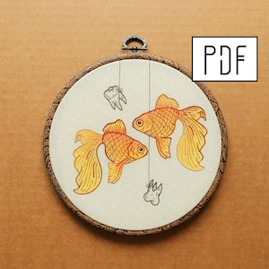 Digital PDF pattern - Goldfish Hand Embroidery Pattern (PDF modern hand embroidery pattern - teeth details)
