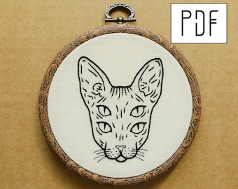 Digital PDF - Four-Eyed Sphynx Cat Portrait Hand Embroidery Pattern (Digital Download), cat lover gift, spooky cat, printable pattern