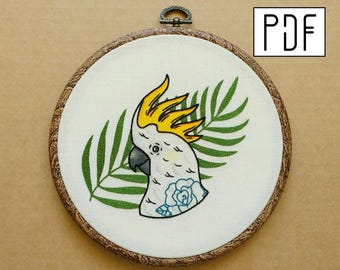 Digital PDF pattern - Tattooed Cockatoo Parrot Hand Embroidery Pattern (PDF modern hand embroidery pattern)