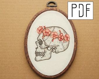 Digital PDF - Cherry Blossom Skull Hand Embroidery Pattern (Digital Download), floral embroidery design, printable pattern