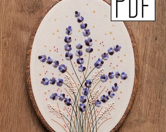Digital PDF - Lavender Hand Embroidery Pattern PDF, Wildflower Hand Embroidery Design, Floral Hoop Art, Instant Download
