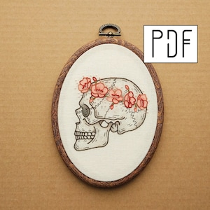 Digital PDF pattern - Cherry Blossom Skull Hand Embroidery Pattern (PDF modern hand embroidery pattern)