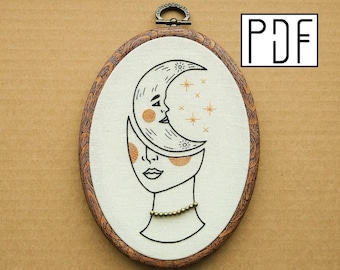 Digital PDF pattern -  Crescent Moon Girl Hand Embroidery Pattern (PDF pattern -  modern embroidery pattern), celestial embroidery design