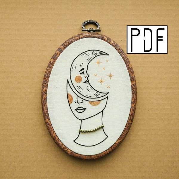 Digital PDF pattern -  Crescent Moon Girl Hand Embroidery Pattern (PDF pattern -  modern embroidery pattern)
