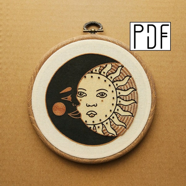 Digital PDF pattern - Color - Crescent Moon and Sun Hand Embroidery Pattern with bead details (PDF modern hand embroidery pattern)