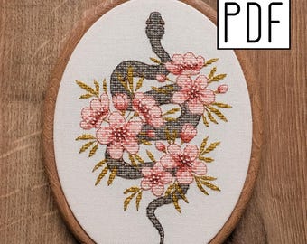 Digital PDF - Flower Snake Cross Stitch Pattern (Digital Download), botanical design