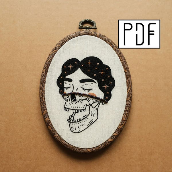 Digital PDF pattern - Sleeping Skull Girl with Star and Galaxy bead details Hand Embroidery Pattern (modern hand embroidery pattern)