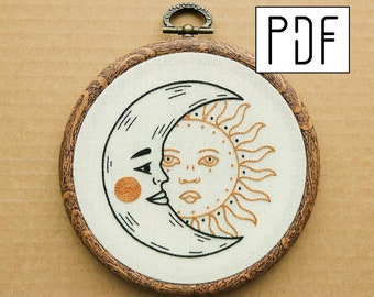 Digital PDF pattern - Crescent Moon and Sun Hand Embroidery Pattern (PDF modern hand embroidery pattern)