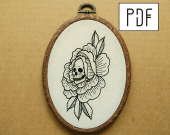 Digital PDF pattern - Peony Rose Skull Hand Embroidery Pattern (PDF modern embroidery pattern)