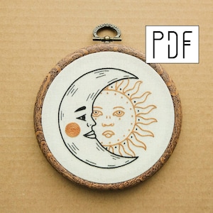 Digital PDF pattern Crescent Moon and Sun Hand Embroidery Pattern PDF modern hand embroidery pattern image 1