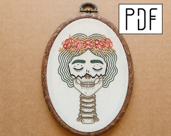 Digital PDF pattern - Cherry Blossom Skull Girl with muted Emerald Green Hair Hand Embroidery Pattern (PDF modern embroidery pattern)