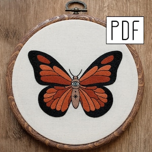 Digital PDF pattern - Monarch Butterfly with eye and star details Hand Embroidery Pattern, celestial embroidery design, printable pattern